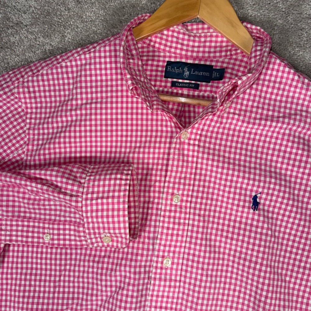 Ralph Lauren Men's L Classic Fit Pink Gingham Button Down Shirt Long Sleeve - Picture 9 of 11
